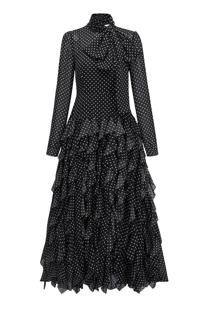 Elegant Polka Dot Tie Neck Long Sleeve Chiffon Ruffle Tiered Evening M Rosedress