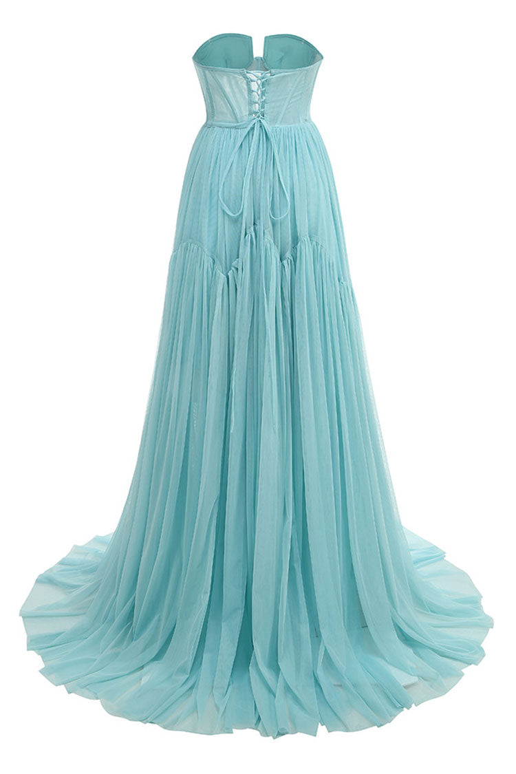 Elegant Rosette Strapless Bustier Lace Up Sheer Corset Tulle Evening Maxi Dress