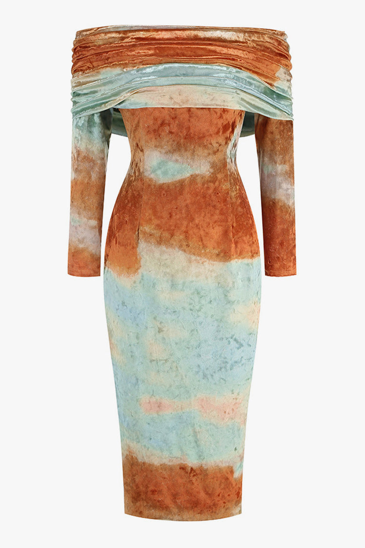 Elegant Sunset Tie Dye Ruched Off Shoulder Long Sleeve Velvet Cocktail Midi Dress