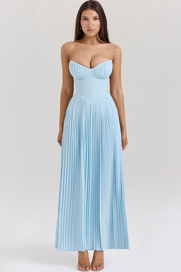 Elegant Sweetheart Strapless Bustier Drop Waist Pleated Evening Maxi Dress