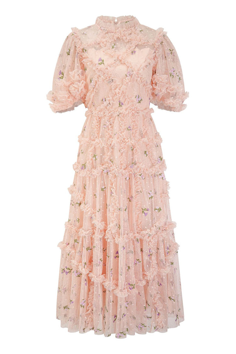 Fairy Floral Embroidered Puff Sleeve Ruffle Tiered Tulle Evening Maxi Dress