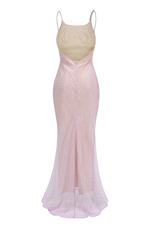 Fairytale Cowl Neck Crystal Strap Sequin Mesh Mermaid Evening Maxi Dress