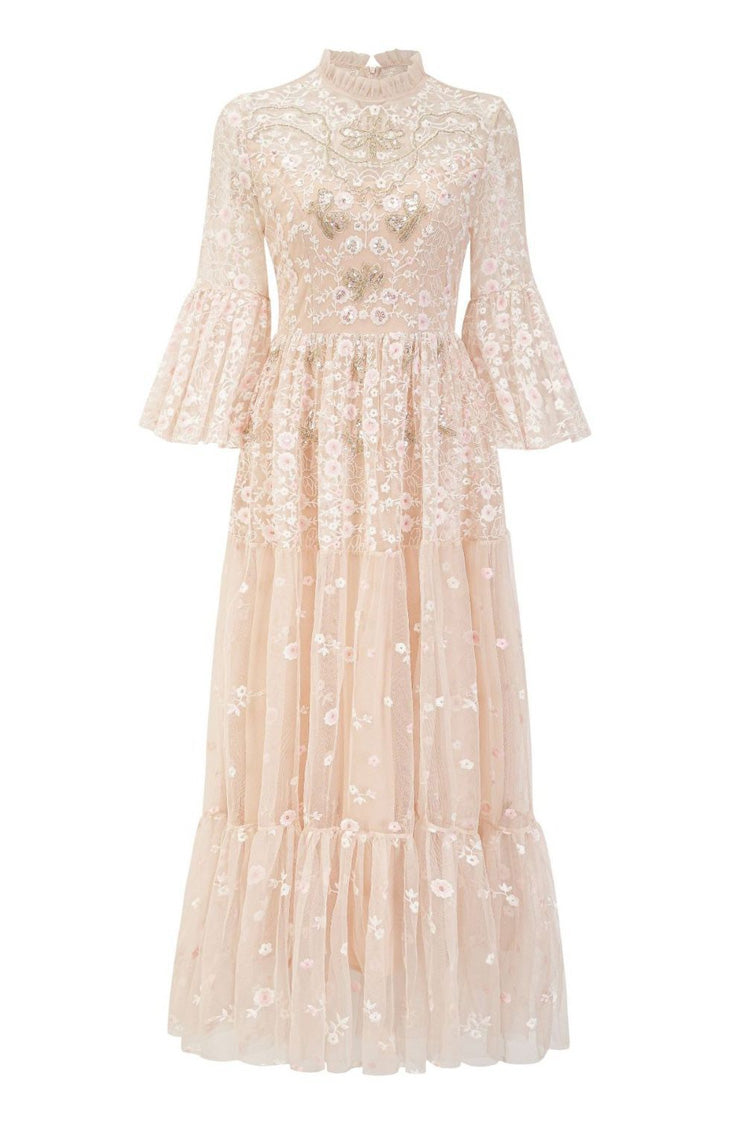 Fairytale Floral Embroidered Beaded Sequin Ruffle Tulle Evening Maxi Dress