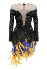 Fancy Faux Feather Crystal Mesh Panel Sequin Bodycon Party Mini Dress