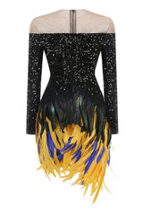 Fancy Faux Feather Crystal Mesh Panel Sequin Bodycon Party Mini Dress