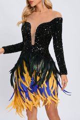 Fancy Faux Feather Crystal Mesh Panel Sequin Bodycon Party Mini Dress