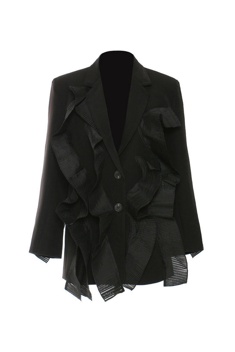 Feminine Pleated Ruffle Lapel Collar Long Sleeve Single Breasted Twill Blazer