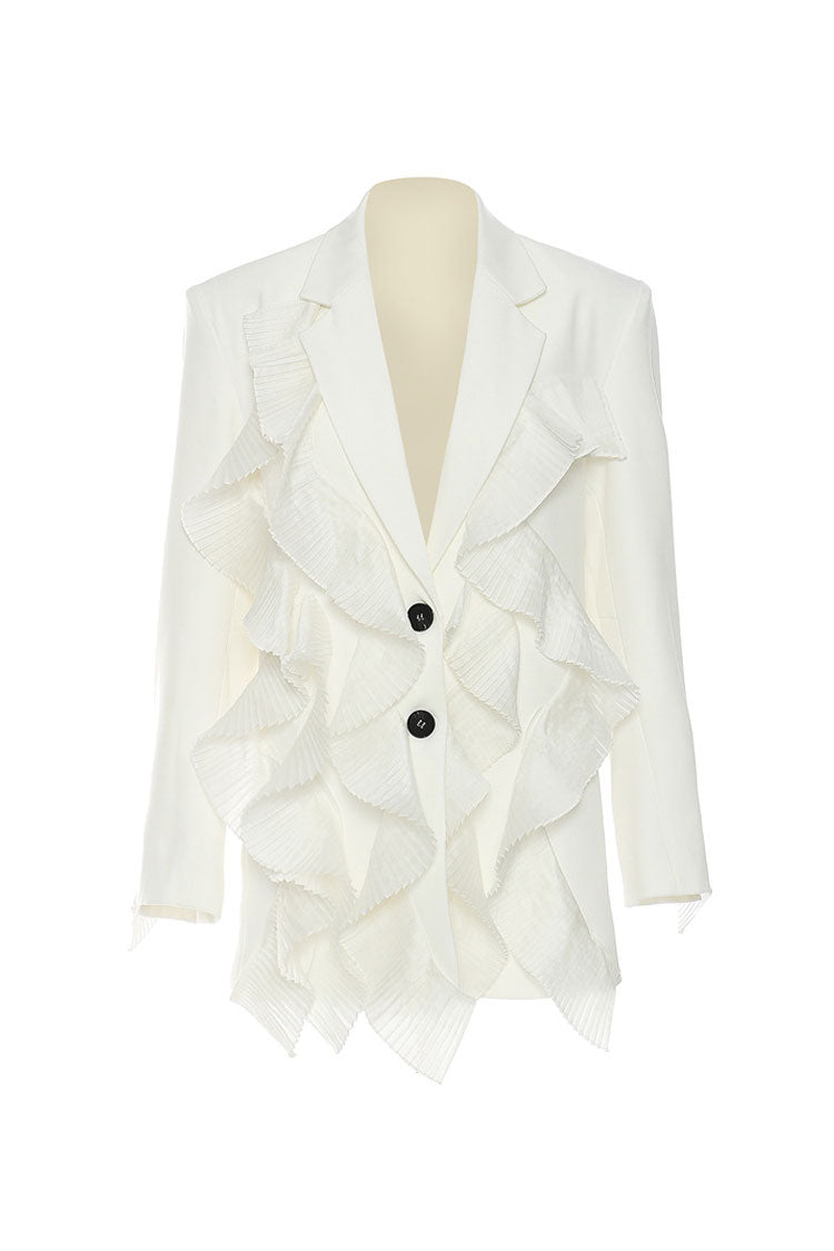 Feminine Pleated Ruffle Lapel Collar Long Sleeve Single Breasted Twill Blazer