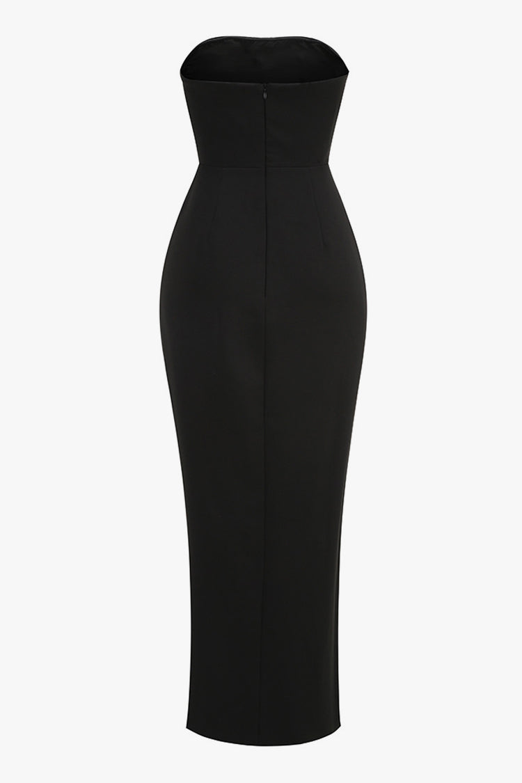 Feminine Strapless Contrast Bow Thigh Split Bodycon Evening Maxi Dress