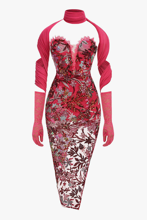 Festive Scarf Glove Ruffle Strapless Embroidered Sequin Cocktail Midi Dress