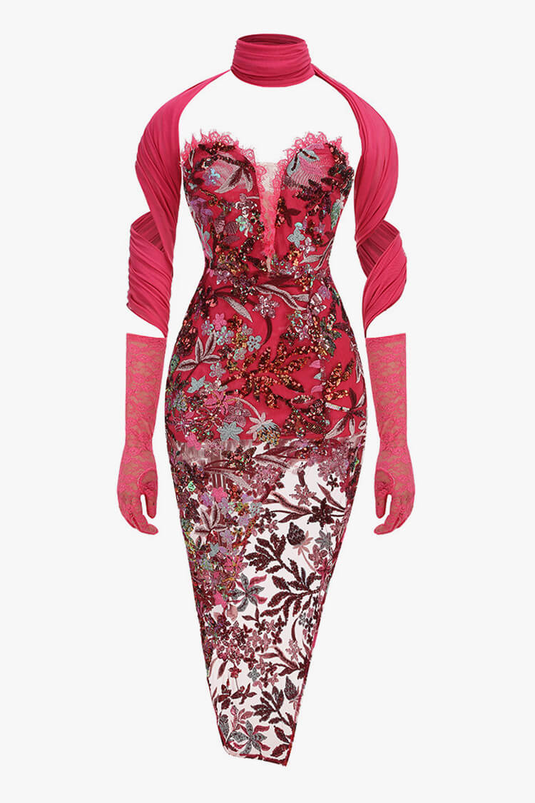 Festive Scarf Glove Ruffle Strapless Embroidered Sequin Cocktail Midi Dress