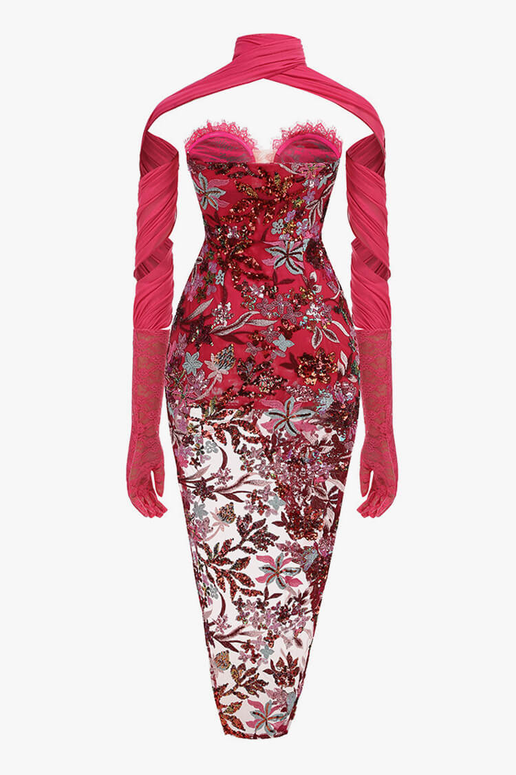 Festive Scarf Glove Ruffle Strapless Embroidered Sequin Cocktail Midi Dress