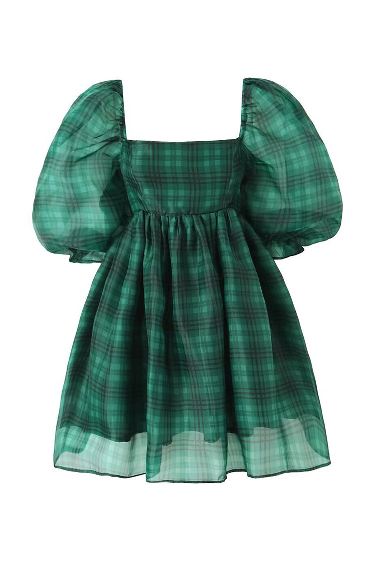 Floating Plaid Square Neck Puff Sleeve Organza Micro Mini Babydoll Dress