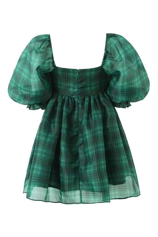 Floating Plaid Square Neck Puff Sleeve Organza Micro Mini Babydoll Dress