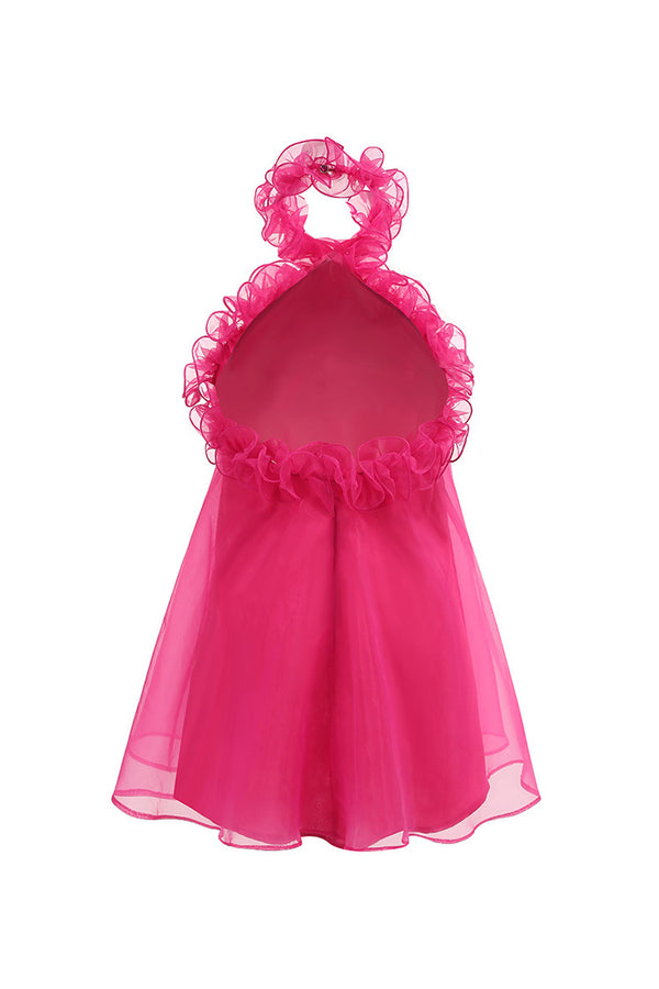 Floating Ruffle Halter Neck A-Line Organza Backless Babydoll Mini Dress