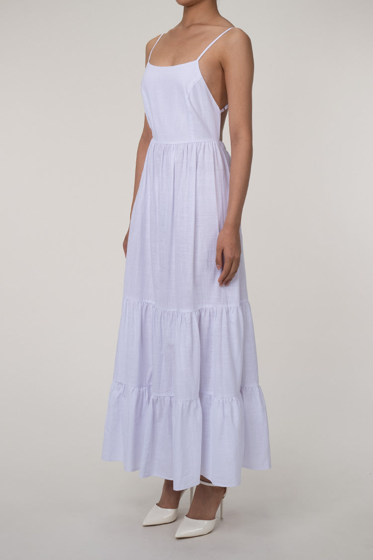 Flowy Bow Tie Backless Tiered Cotton Beach Vacation Cami Maxi Sundress