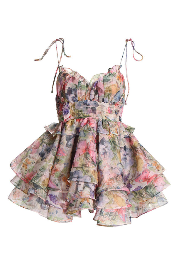 Flowy Butterfly Plunge Tie Strap Lace Up Summer Tiered Ruffle Mini Sundress