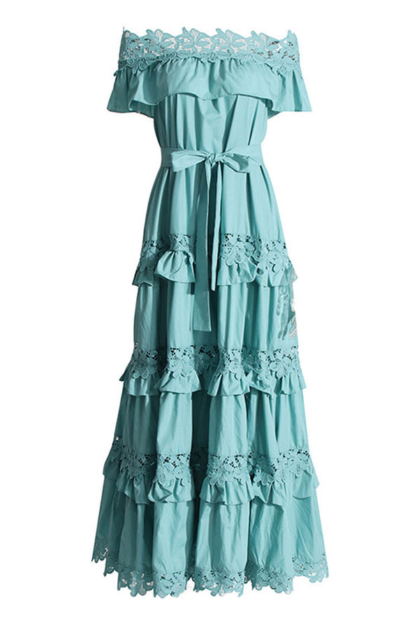 Flowy Guipure Lace Off Shoulder Belted Tiered Ruffle Beach Vacation Maxi Dress