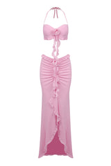 Flowy Halter Tie Rose Bra Ruched Mesh Draped Ruffle Two Piece Maxi Dress