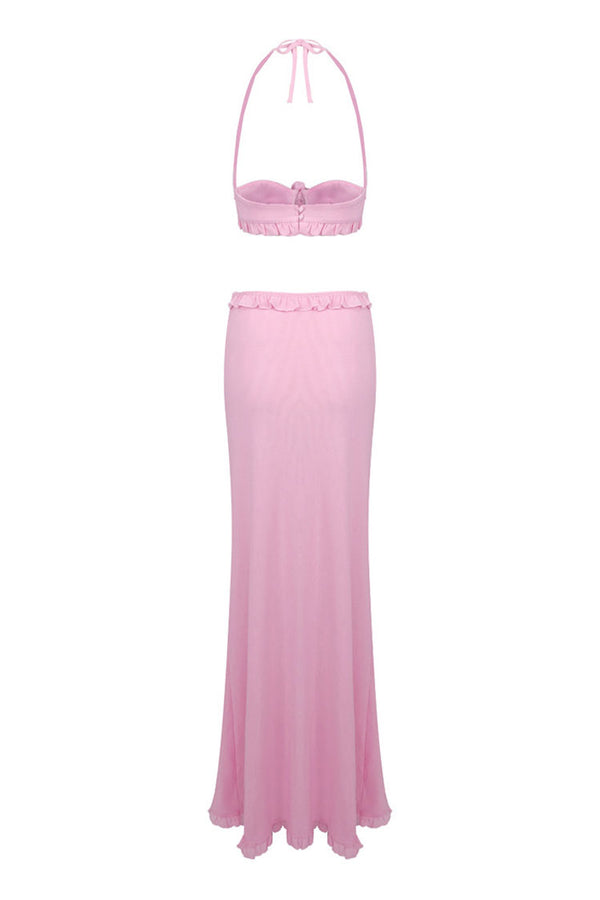 Flowy Halter Tie Rose Bra Ruched Mesh Draped Ruffle Two Piece Maxi Dress