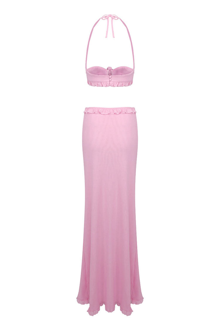 Flowy Halter Tie Rose Bra Ruched Mesh Draped Ruffle Two Piece Maxi Dress