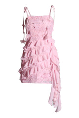 Flowy Rosette Embroidered Tiered Ruffle Draped Sleeveless Party Mini Dress