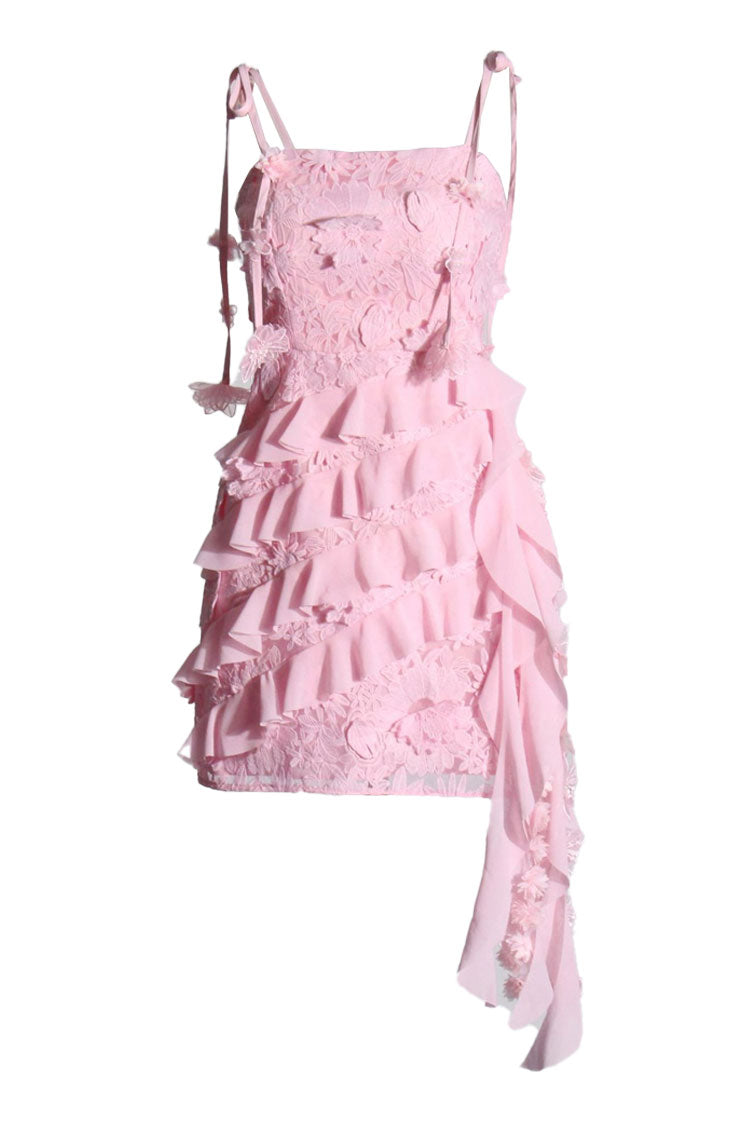 Flowy Rosette Embroidered Tiered Ruffle Draped Sleeveless Party Mini Dress