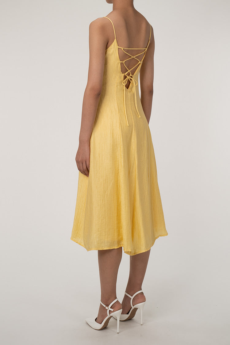 Flowy Square Neck Lace Up Backless Fit & Flare Gathered Midi Sundress