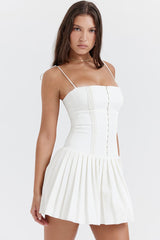 Flowy Square Neck Tie Strap Hook & Eye Drop Waist Pleated Mini Sundress