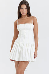 Flowy Square Neck Tie Strap Hook & Eye Drop Waist Pleated Mini Sundress