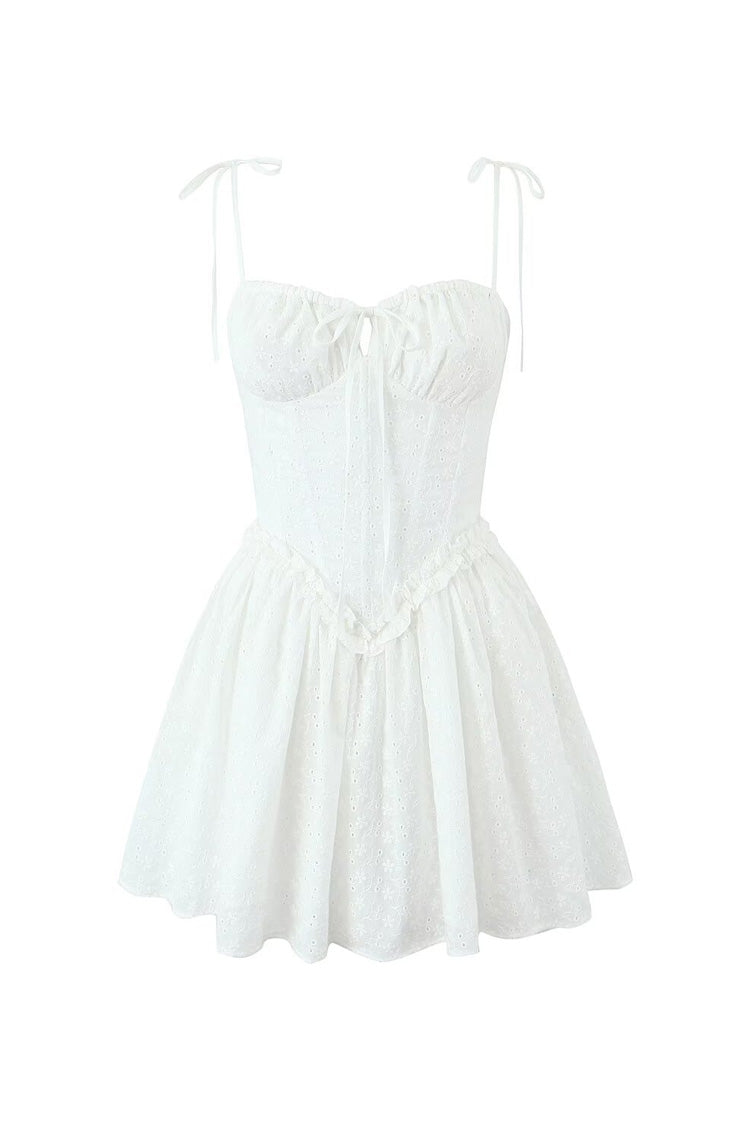 Flowy Tie Strap Lace Up Smocked Drop Waist Eyelet Corset Mini Sundress