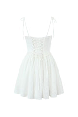 Flowy Tie Strap Lace Up Smocked Drop Waist Eyelet Corset Mini Sundress