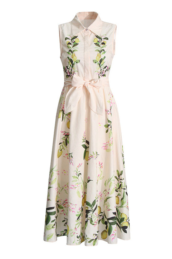 French Style Collared Half Button Bow Tie Sleeveless Printed Shirt Midi Dress