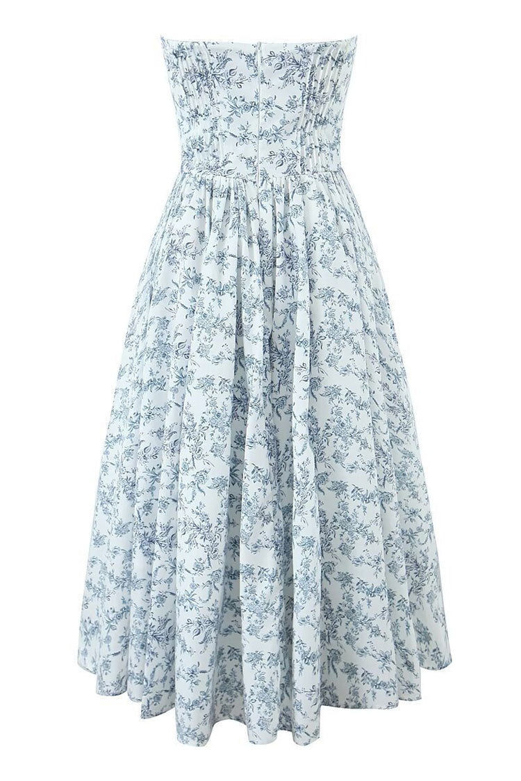 French Style Floral Print Strapless Bustier Pleated Vacation Midi Sundress