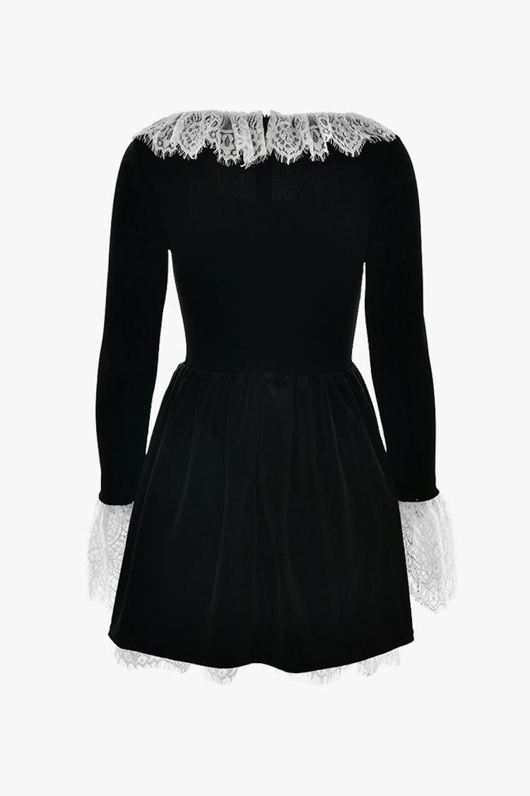 French Style Layered Lace Long Sleeve Drop Waist Velvet Party Mini Dress