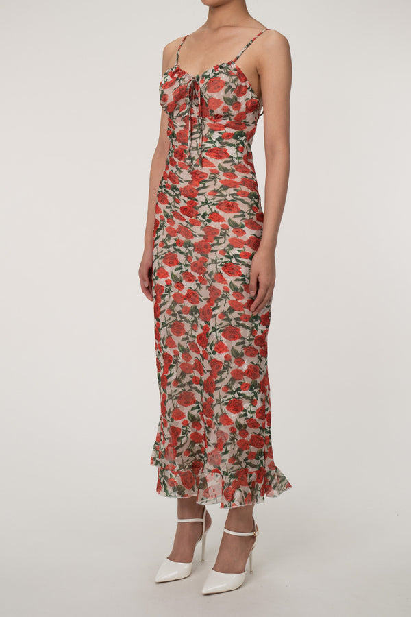 French Style Ruched Tie Neck Floral Print Fishtail Slip Maxi Sundress