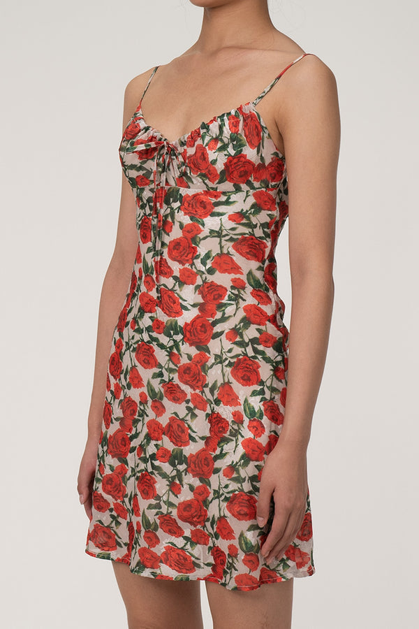 French Style Ruched Tie Neck Floral Printed Summer Slip Mini Sundress