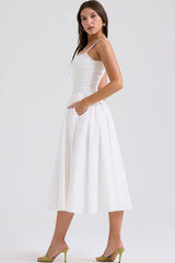 French Style Scalloped Lace Up Broderie Anglaise Vacation Midi Sundress