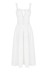 French Style Scalloped Lace Up Broderie Anglaise Vacation Midi Sundress