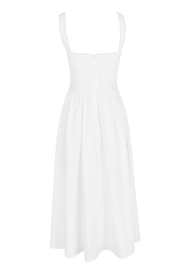 French Style Scalloped Lace Up Broderie Anglaise Vacation Midi Sundress