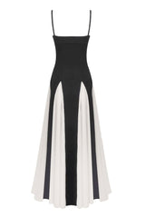 French Style Spaghetti Strap Sleeveless Contrast Godet Evening Maxi Dress