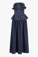 French Style Strapless Ruffle Peplum Drop Waist Denim Maxi Vacation Dress