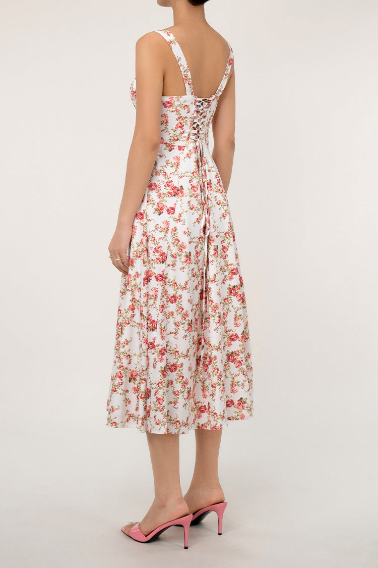 Fresh Bustier Tie Front Slit Floral Printed Midi Sundress - Pink