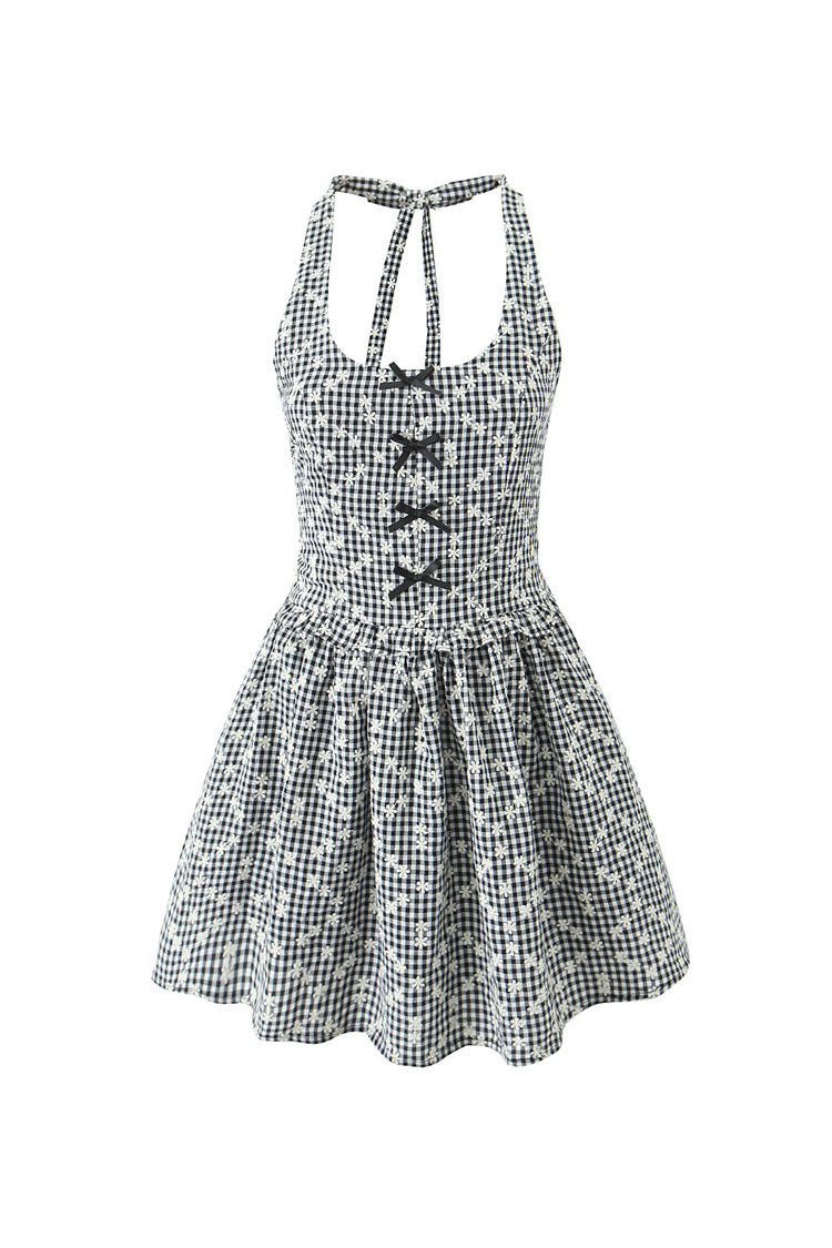 Girlish Bow Trim Floral Embroidered Gingham Print Smocked Halter Party Mini Dress