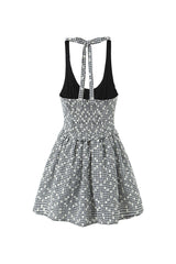 Girlish Bow Trim Floral Embroidered Gingham Print Smocked Halter Party Mini Dress