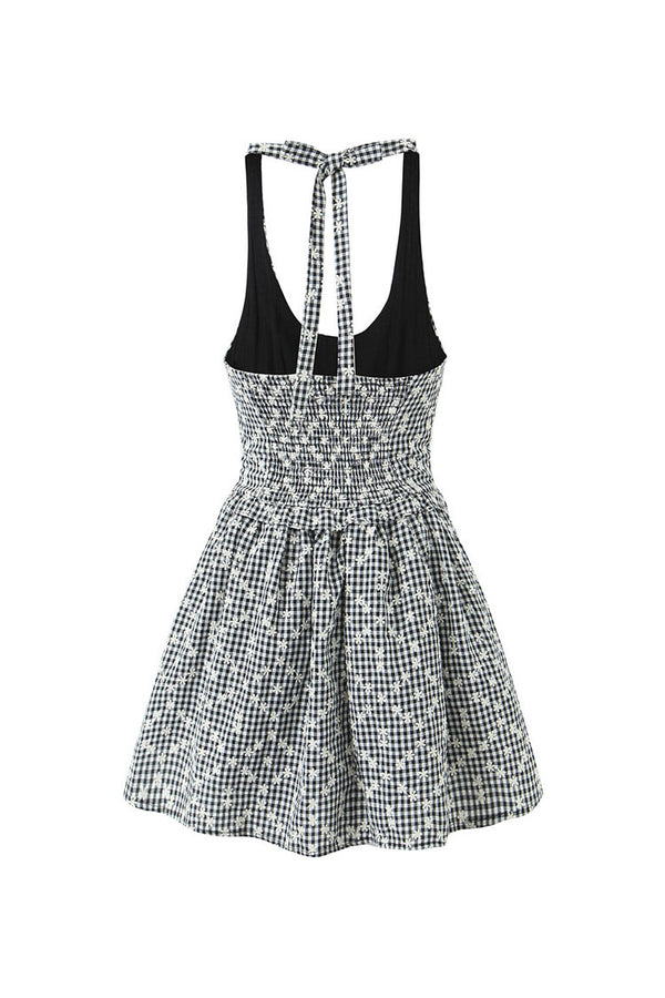 Girlish Bow Trim Floral Embroidered Gingham Print Smocked Halter Party Mini Dress