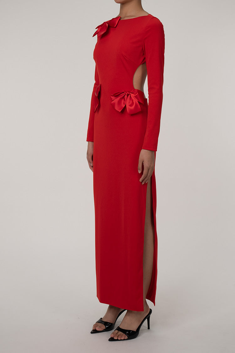 Glamorous Big Bow Crew Neck Long Sleeve Cutout Back Split Evening Maxi Dress - Red