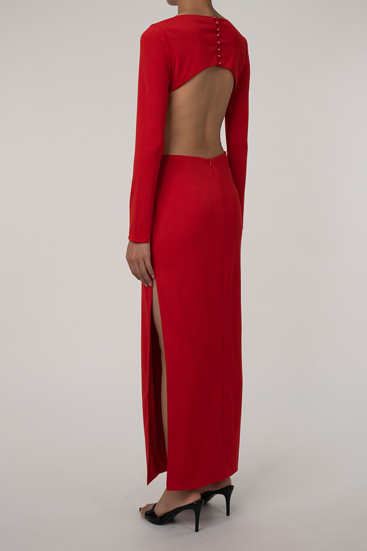 Glamorous Big Bow Crew Neck Long Sleeve Cutout Back Split Evening Maxi Dress - Red