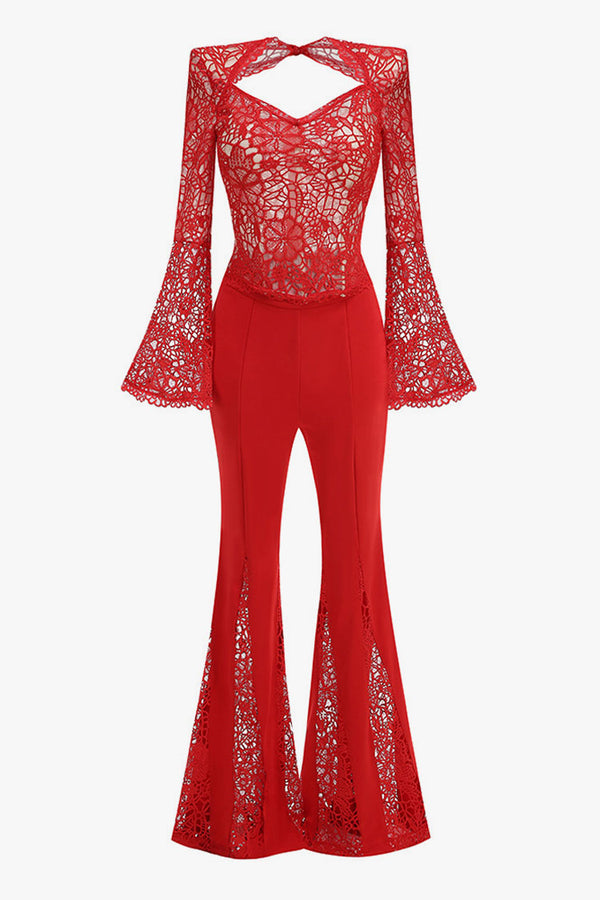 Glamorous Cutout Guipure Lace Top High Waist Two Piece Godet Pant Set