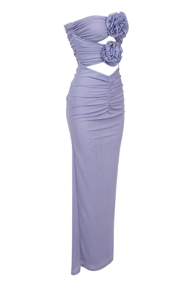 Glamorous Rosette Strapless Cutout Gathered Mesh Evening Maxi Dress